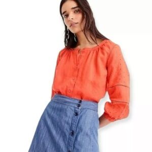 J. Crew Orange 100% Linen Eyelet Button Down Blouse Boho Spring Summer